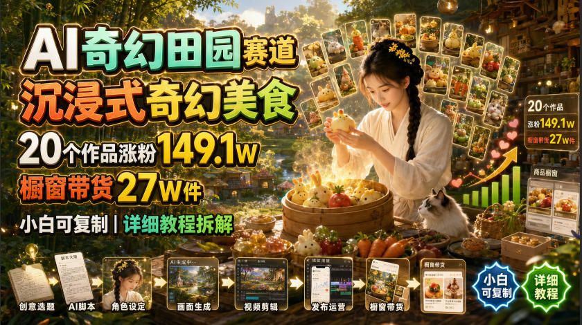 AI奇幻田园赛道,沉浸式奇幻美食,20个作品涨粉149.1W,橱窗带货27W件,小白可复制,详细教程拆解-伏羲SAAS