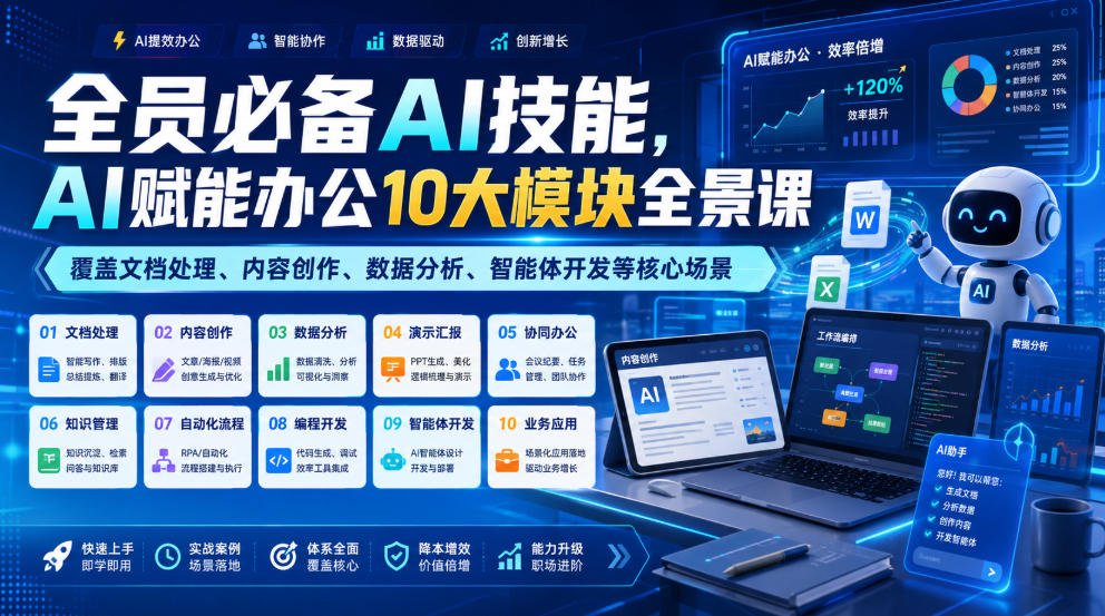 全员必备AI技能,AI赋能办公10大模块全景课,覆盖文档处理、内容创作、数据分析、智能体开发等核心场景-伏羲SAAS