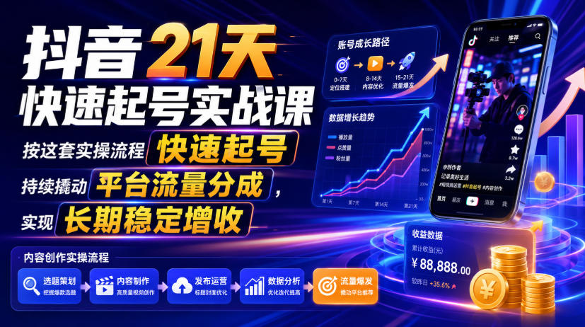 抖音21天快速起号实战课,按这套实操流程快速起号,持续撬动平台流量分成,实现长期稳定增收-伏羲SAAS