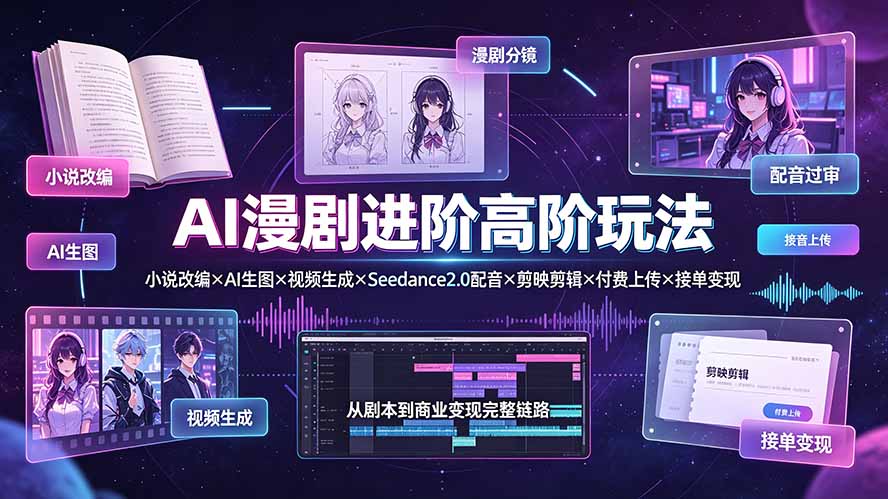 AI漫剧进阶高阶玩法:小说改编×AI生图×视频生成×Seedance2.0配音×剪映剪辑×付费上传×接单变现-伏羲SAAS