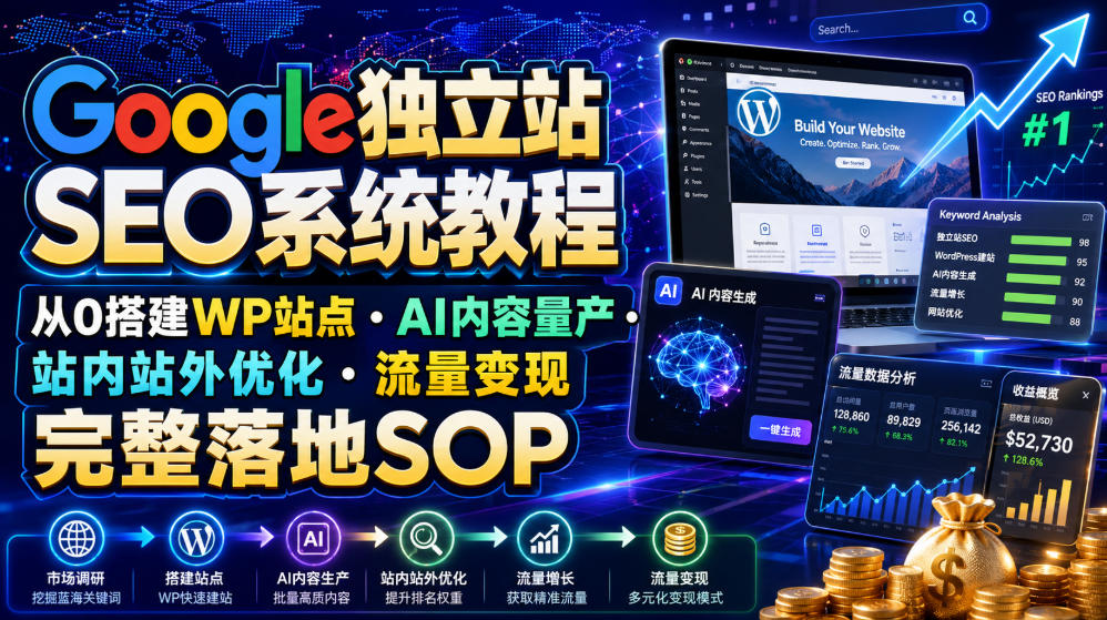 Google独立站SEO系统教程,从0搭建WP站点・AI内容量产・站内站外优化・流量变现完整落地SOP(2026年7月)-伏羲SAAS