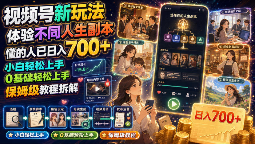 视频号新玩法体验不同人生副本,懂的人已日入700+,小白轻松上手,0基础轻松上手,保姆级教程拆解-伏羲SAAS