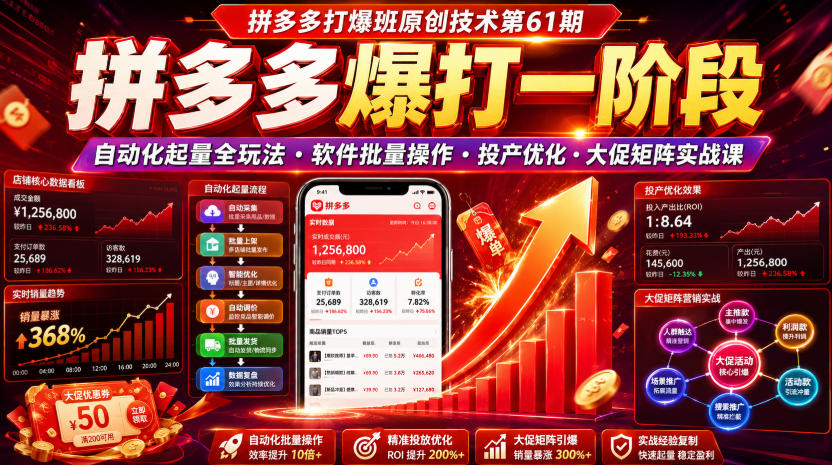 拼多多打爆班原创技术第61期,拼多多爆打一阶段,自动化起量全玩法・软件批量操作・投产优化・大促矩阵实战课-伏羲SAAS