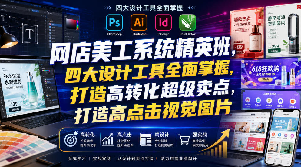 网店美工系统精英班,四大设计工具全面掌握,打造高转化超级卖点,打造高点击视觉图片(2026年7月)-伏羲SAAS