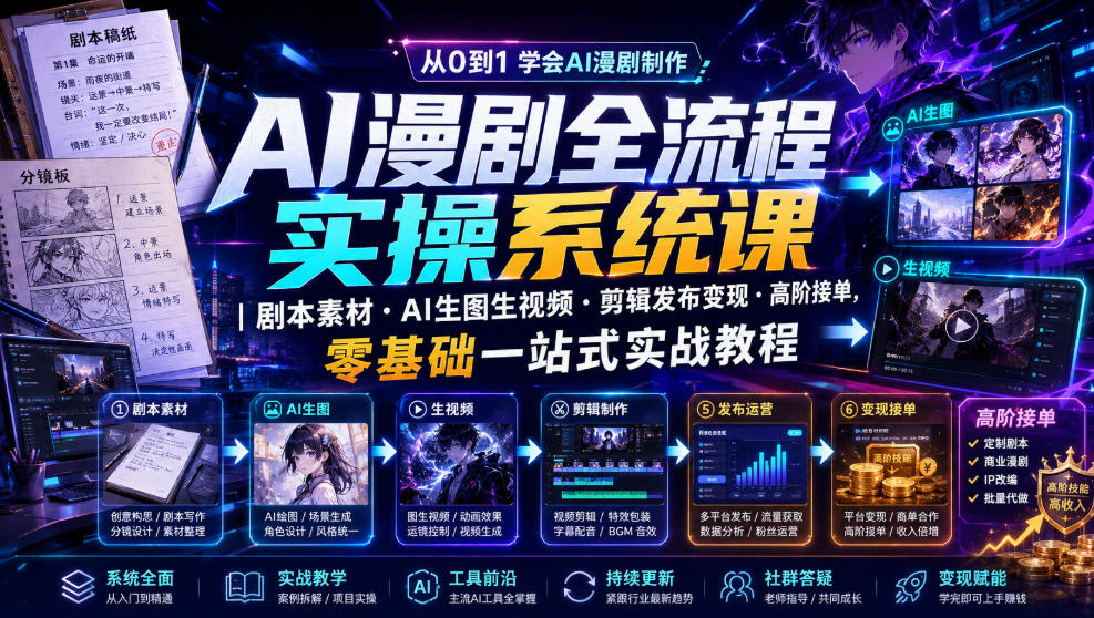 AI漫剧全流程实操系统课|剧本素材・AI生图生视频・剪辑发布变现・高阶接单,零基础一站式实战教程-伏羲SAAS