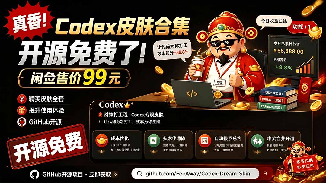 闲鱼售卖99元的Codex皮肤包,GitHub 免费开源了!让你的codex变成精美界面 Codex Dream Skin-伏羲SAAS