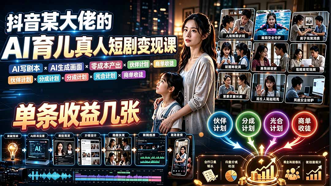 AI育儿真人短剧变现课:AI写剧本×AI生成画面×零成本产出×伙伴计划×分成计划×光合计划×商单收徒-伏羲SAAS
