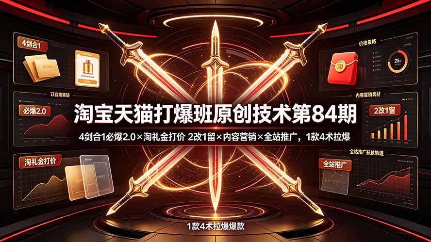 淘宝天猫打爆班原创技术第84期:4剑合1必爆2.0×淘礼金打价×2改1留×内容营销×全站推广,1款4术拉爆-伏羲SAAS
