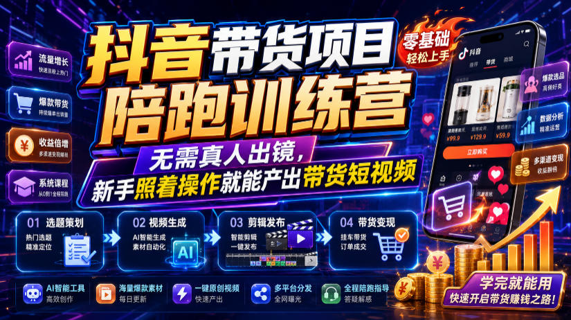 抖音带货项目陪跑训练营,无需真人出镜,新手照着操作就能产出带货短视频-伏羲SAAS