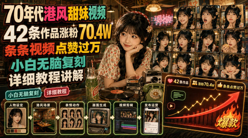 70年代港风甜妹视频,42条作品涨粉70.4W,条条视频点赞过万,小白无脑复刻,详细教程讲解-伏羲SAAS