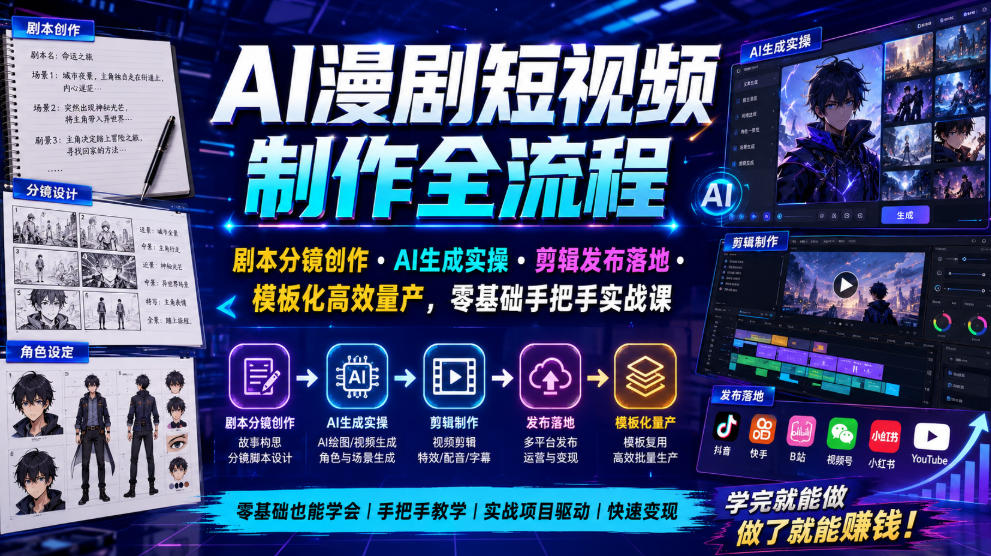 AI漫剧短视频制作全流程|剧本分镜创作・AI生成实操・剪辑发布落地・模板化高效量产,零基础手把手实战课-伏羲SAAS