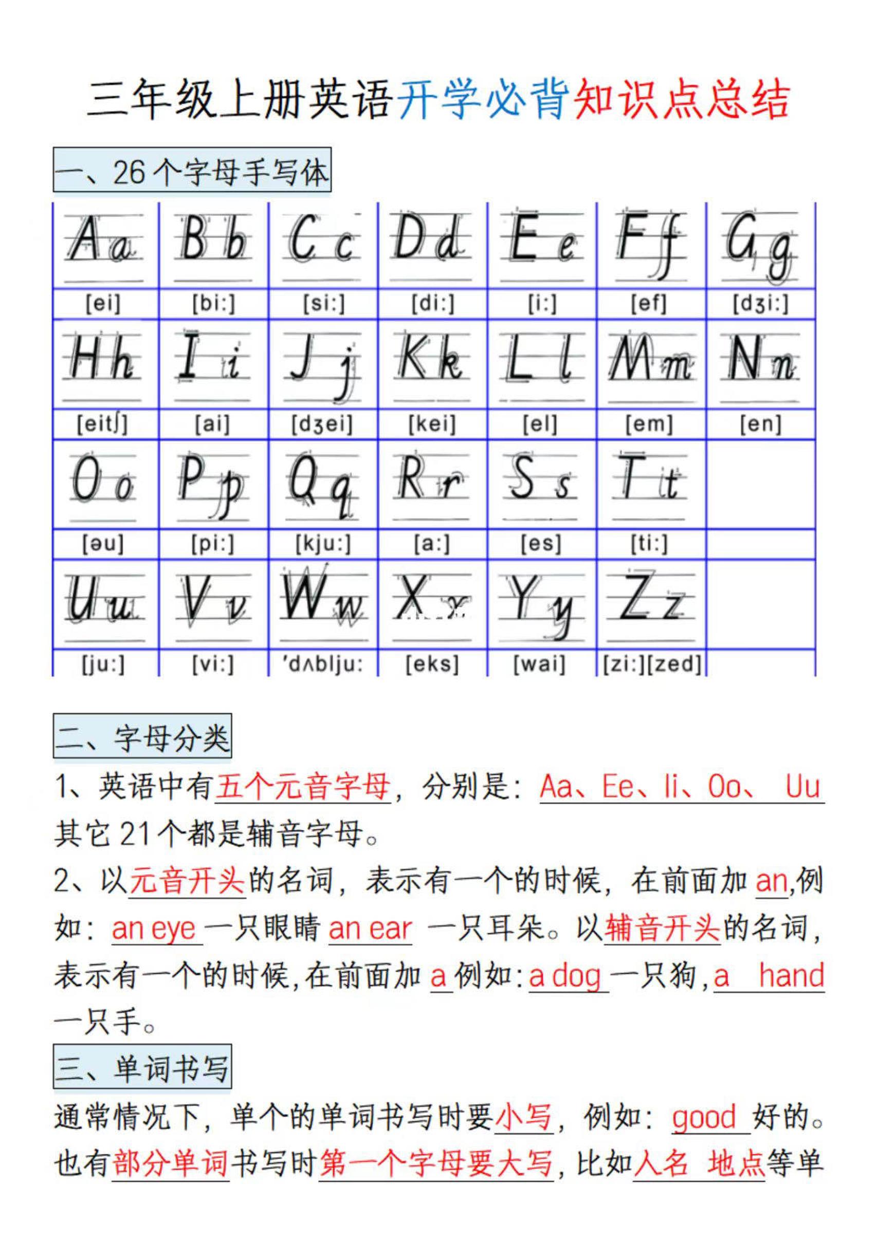 三年级上册英语开学必背知识点总结-伏羲SAAS