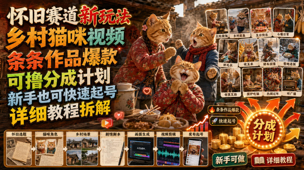 怀旧赛道新玩法,乡村猫咪视频,条条作品爆款,可撸分成计划,新手也可快速起号,详细教程拆解-伏羲SAAS