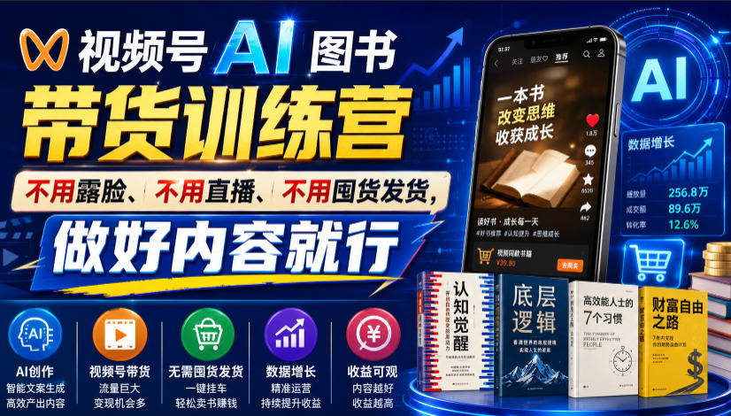 视频号AI图书带货训练营,不用露脸、不用直播、不用囤货发货,做好内容就行,一条爆款视频佣金8942-伏羲SAAS