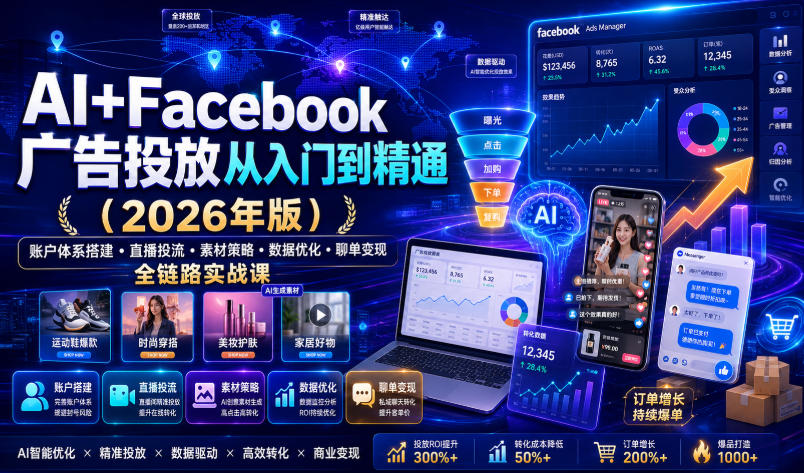 AI+Facebook广告投放从入门到精通(2026年版)|账户体系搭建・直播投流・素材策略・数据优化・聊单变现全链路实战课-伏羲SAAS