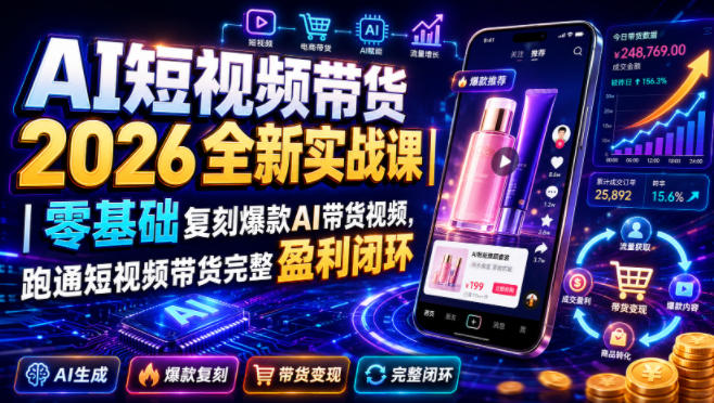 AI短视频带货2026全新实战课|零基础复刻爆款AI带货视频,跑通短视频带货完整盈利闭环-伏羲SAAS