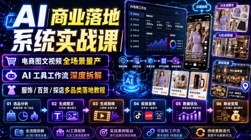 AI商业落地系统实战课｜电商图文视频全场景量产・AI工具工作流深度拆解・服饰/百货/探店多品类落地教程-伏羲SAAS