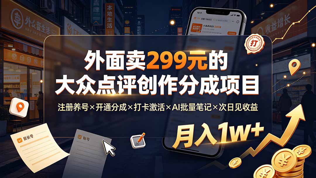外面卖299元的大众点评创作分成项目：注册养号×开通分成×打卡激活×AI批量笔记×次日见收益，月入1w+-伏羲SAAS