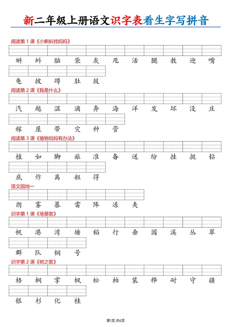 26新二上语文识字表看生字写拼音(6页-伏羲SAAS