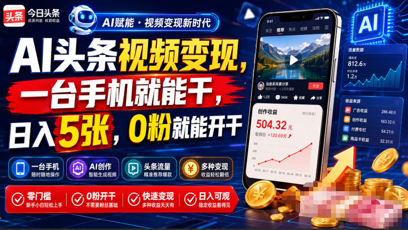 AI头条视频变现，一台手机就能干，日入5张，0粉就能开干-伏羲SAAS