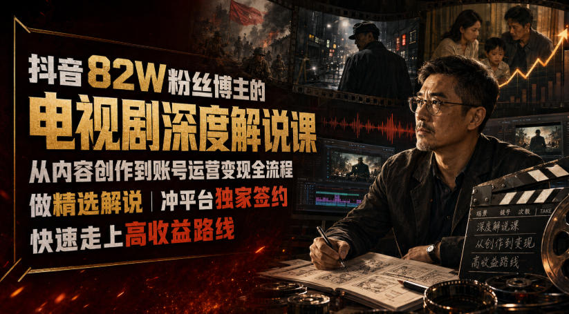 抖音82W粉丝博主的电视剧深度解说课，从内容创作到账号运营变现全流程，做精选解说，冲平台独家签约，快速走上高收益路线-伏羲SAAS