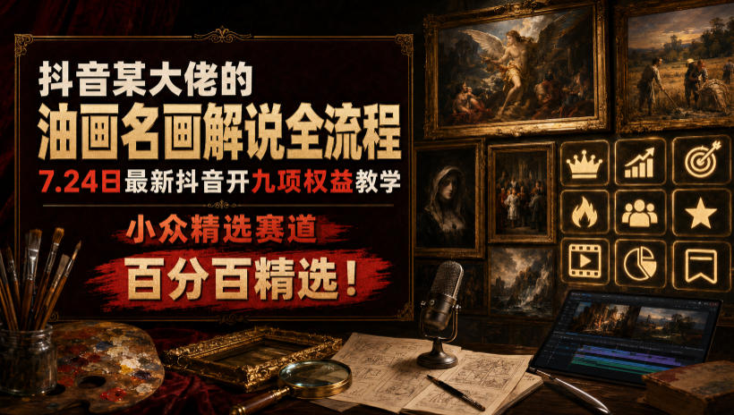 抖音某大佬的油画名画解说全流程，7.24日最新抖音开九项权益教学，小众精选赛道，百分百精选！-伏羲SAAS