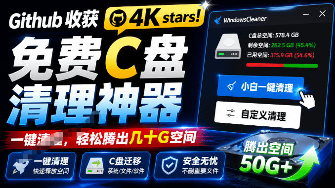 Github收获4K stars！免费C盘清理神器，轻松腾出几十G空间，支持C盘迁移Windows Cleaner-伏羲SAAS
