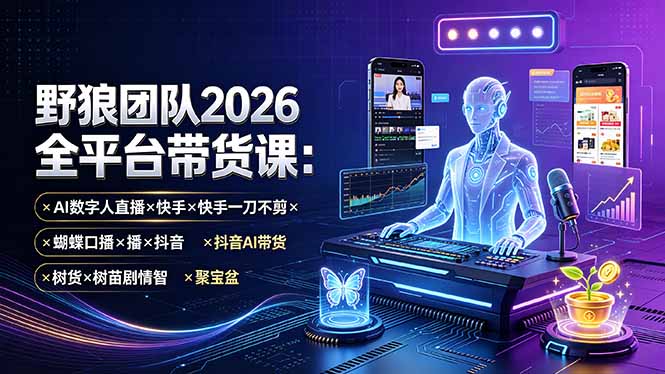 野狼团队2026全平台带货课-7月：AI数字人直播×快手一刀不剪×蝴蝶口播×抖音AI带货×树苗剧情智剪×聚宝盆-伏羲SAAS