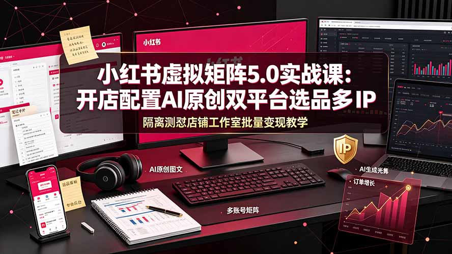 小红书虚拟矩阵5.0实战课:开店配置|AI原创|双平台选品|多IP隔离|测怼店铺工作室批量变现实操教学-伏羲SAAS