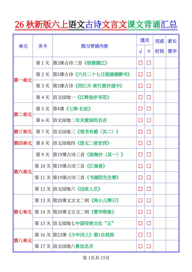26秋新六上语文古文文言文课文背诵内容汇总-背诵版-伏羲SAAS