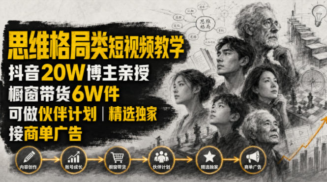 人性思维格局类短视频教学,抖音20W博主亲授,橱窗带货6W件,可做伙伴计划、精选独家、接商单广告-伏羲SAAS