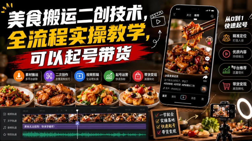 美食搬运二创技术，全流程实操教学，可以起号带货-伏羲SAAS