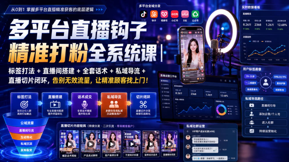 多平台直播钩子精准打粉全系统课|标签打法+直播间搭建+全套话术+私域导流+直播切片闭环,告别无效流量,让精准顾客找上门!-伏羲SAAS