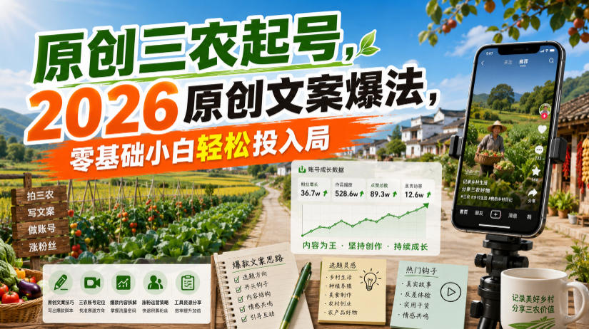 原创三农起号，2026原创文案爆法，零基础小白轻松投入局-伏羲SAAS