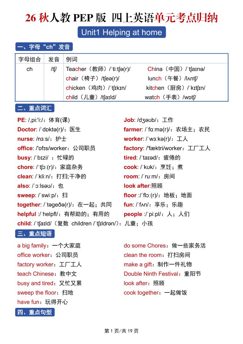 26秋人教PEP版四上英语单元考点归纳19页-伏羲SAAS