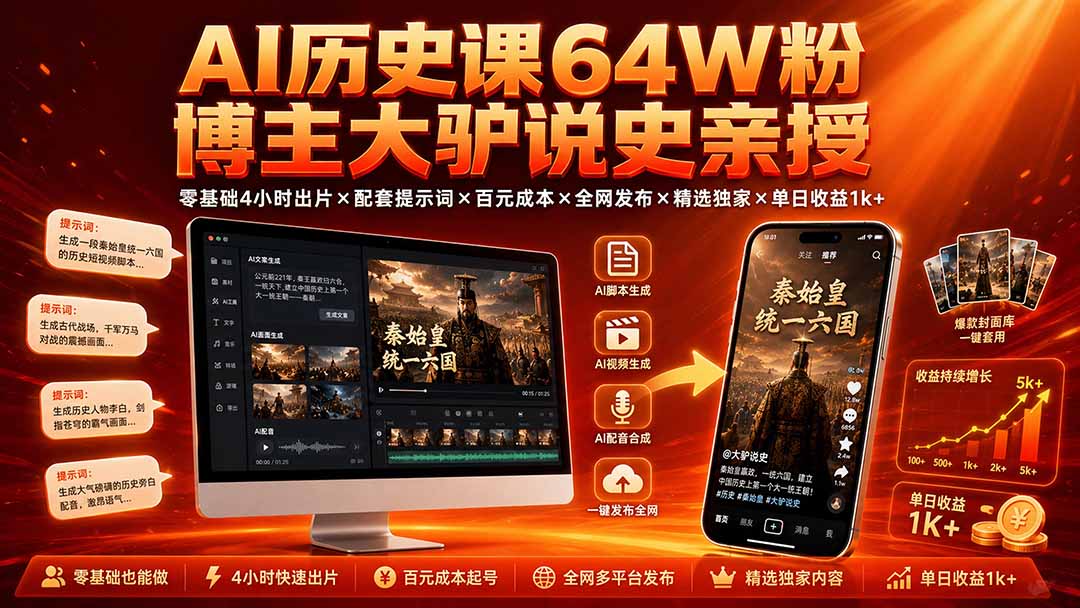 AI历史课64W粉博主大驴说史亲授：零基础4小时出片×配套提示词×百元成本×全网发布×精选独家×单日收益1k+-伏羲SAAS