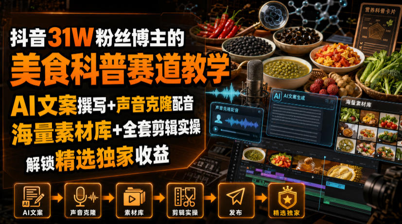 抖音31W粉丝博主的美食科普赛道教学,AI文案撰写+声音克隆配音+剪辑实操,解锁精选独家收益-伏羲SAAS
