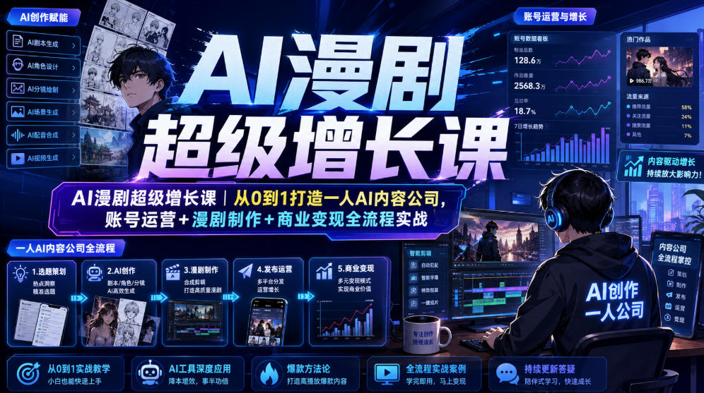 AI漫剧超级增长课｜从0到1打造一人AI内容公司，账号运营+漫剧制作+商业变现全流程实战-伏羲SAAS