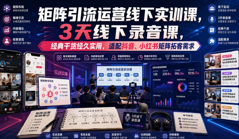 嗨推矩阵引流运营线下实训课，3天线下录音课，经典干货经久实用，适配抖音、小红书矩阵拓客需求-伏羲SAAS