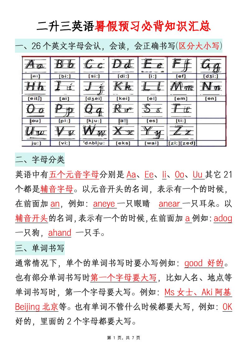 二升三英语暑假预习必背知识汇总通用版-三上英语-伏羲SAAS