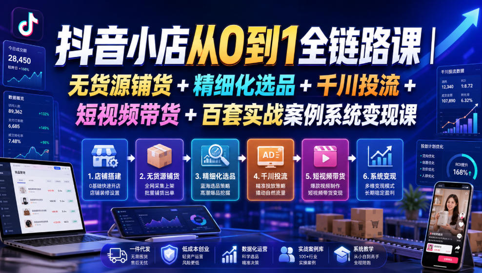 抖音小店从0到1全链路课｜无货源铺货+精细化选品+千川投流+短视频带货+百套实战案例系统变现课(2026年7月更新)-伏羲SAAS