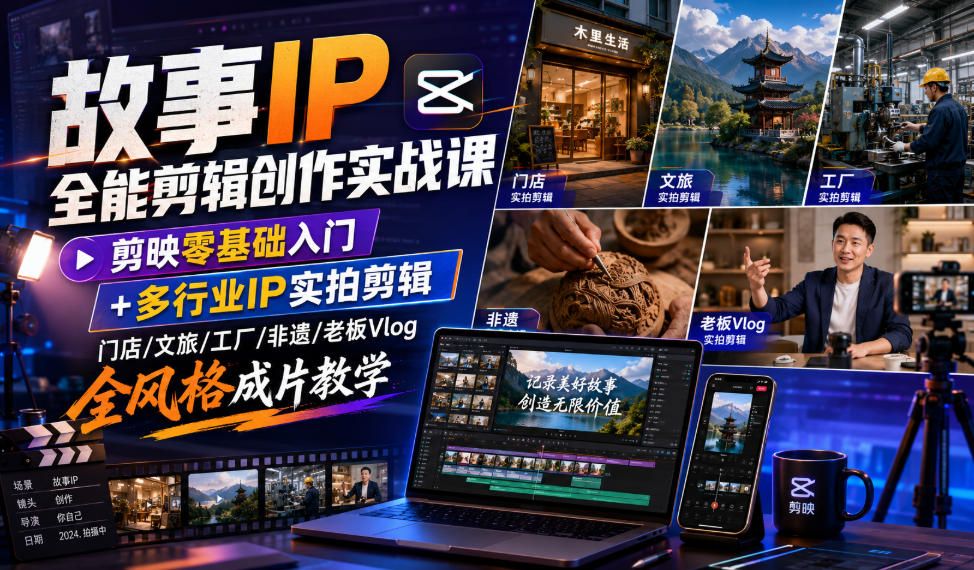 故事IP全能剪辑创作实战课｜剪映零基础入门+多行业IP实拍剪辑，门店/文旅/工厂/非遗/老板Vlog全风格成片教学-伏羲SAAS
