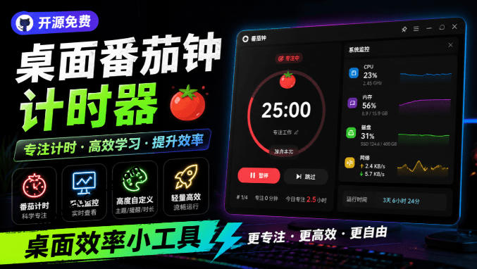 仅1.16MB，开源极简的桌面时钟、番茄钟计时器，还支持系统监控显示，桌面效率小工具Catime-伏羲SAAS