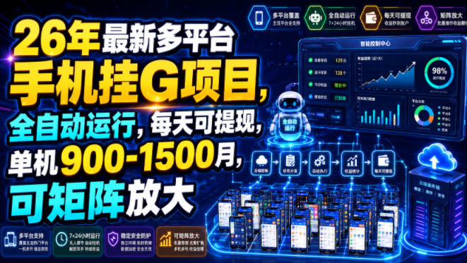 26年最新多平台手机挂G项目,全自动运行,每天可提现,单机900-1500月,可矩阵放大【揭秘】-伏羲SAAS