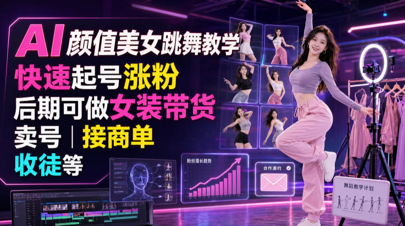 AI颜值美女跳舞教学,快速起号涨粉,后期可做女装带货,卖号,接商单,收徒等-伏羲SAAS