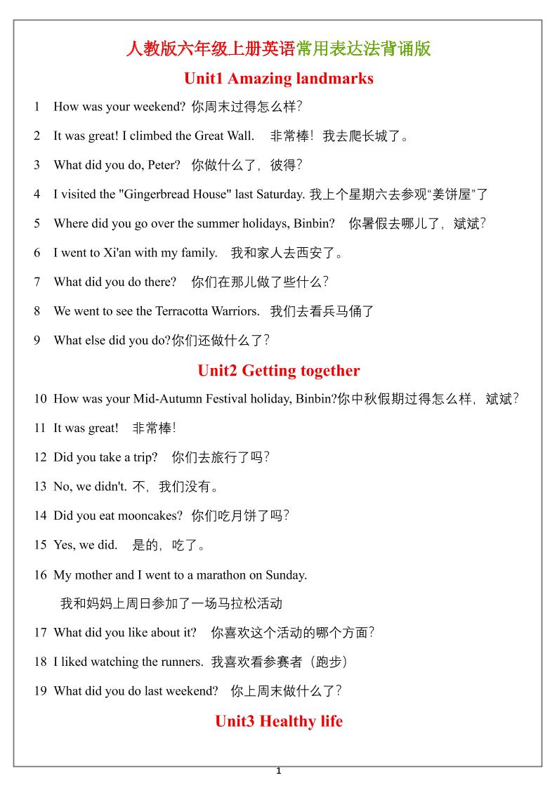 六年级上册英语常用表达法(背诵表)-伏羲SAAS