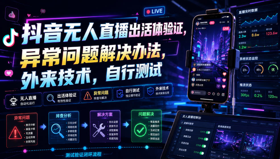 抖音无人直播出活体验证，异常问题解决办法，外来技术，自行测试-伏羲SAAS