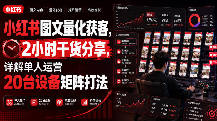 小红书图文量化获客,2小时干货分享,详解单人运营20台设备矩阵打法-伏羲SAAS