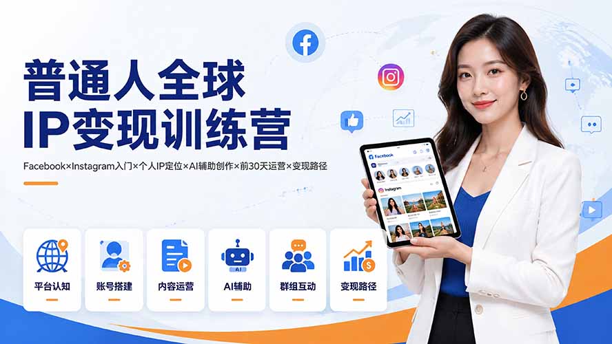 普通人全球IP变现训练营：Facebook×Instagram入门×个人IP定位×AI辅助创作×前30天运营×变现路径-伏羲SAAS