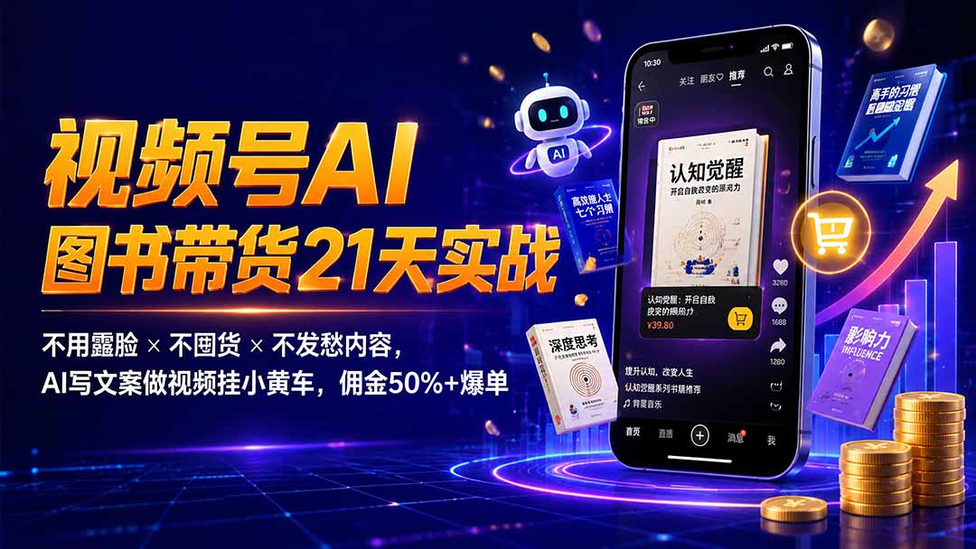 繁花视频号AI图书带货21天实战：不用露脸×不囤货×不发愁内容，AI写文案做视频挂小黄车，佣金50%+爆单-伏羲SAAS
